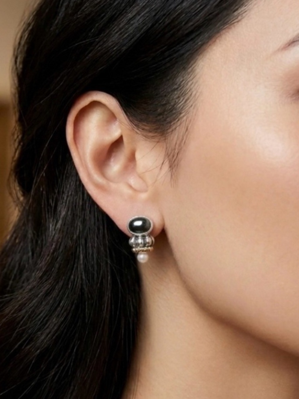 Vintage Lagos Hematite, Pearl, Sterling Silver and 18kt Yellow Gold Earrings